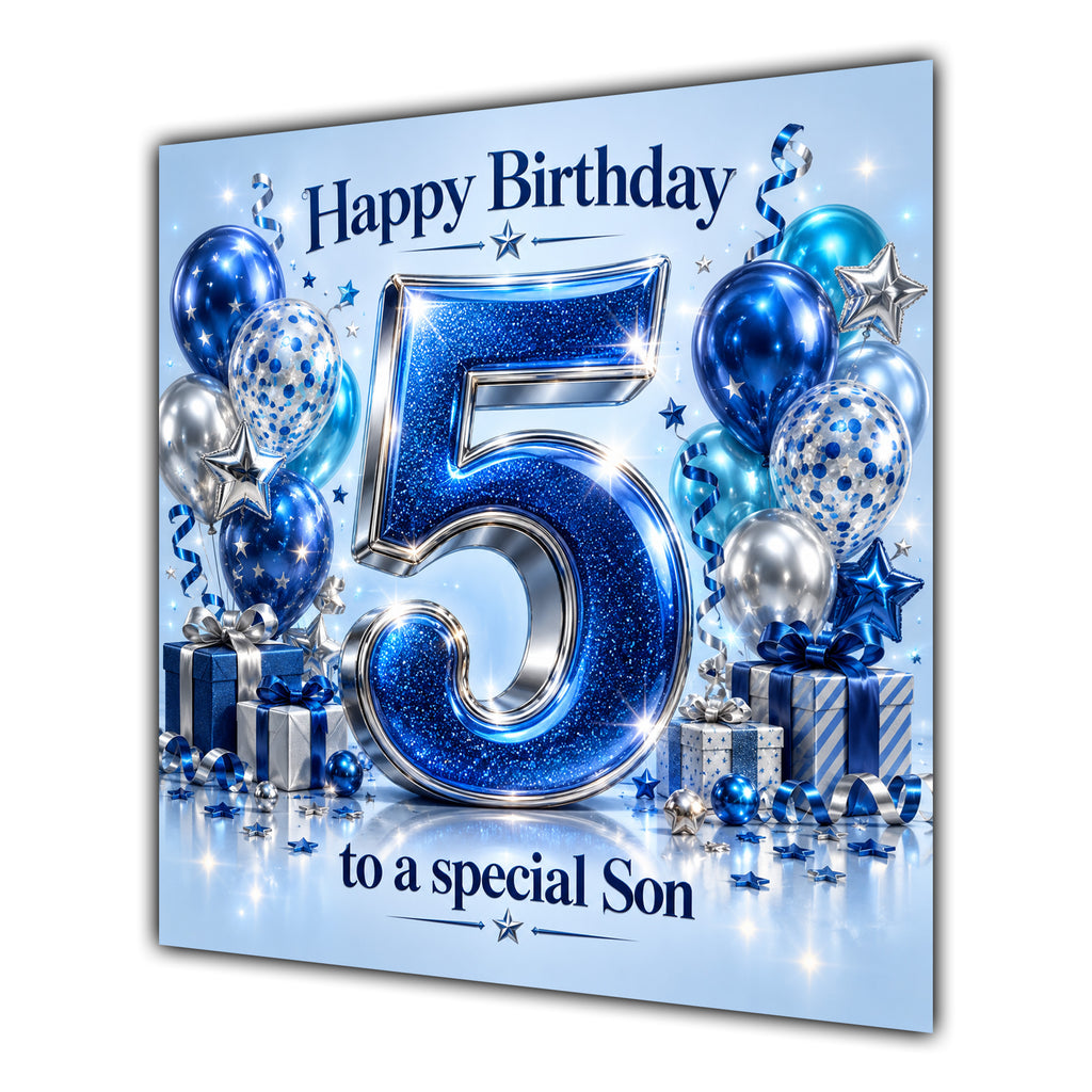 Son 5th Birthday Card Blue Silver Balloons Stars