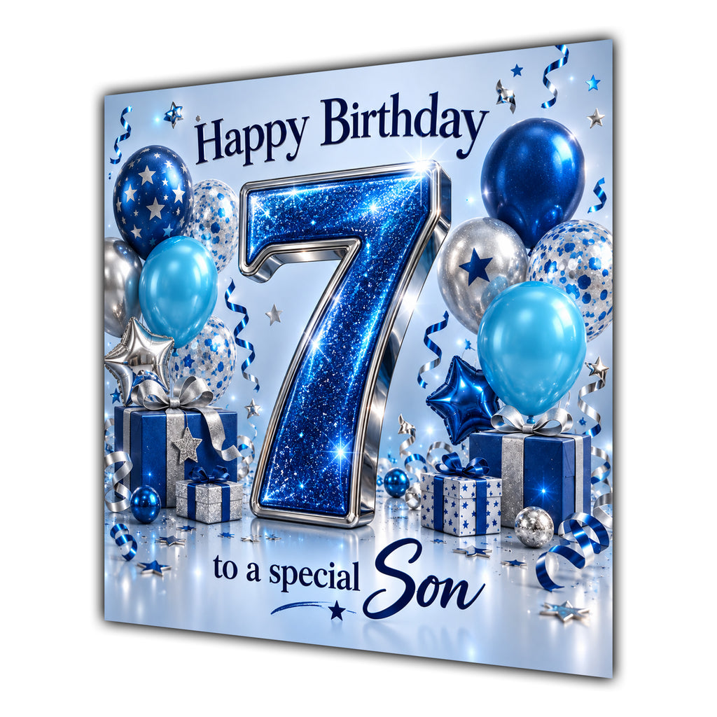 Son 7th Birthday Card Blue Silver Balloons Stars