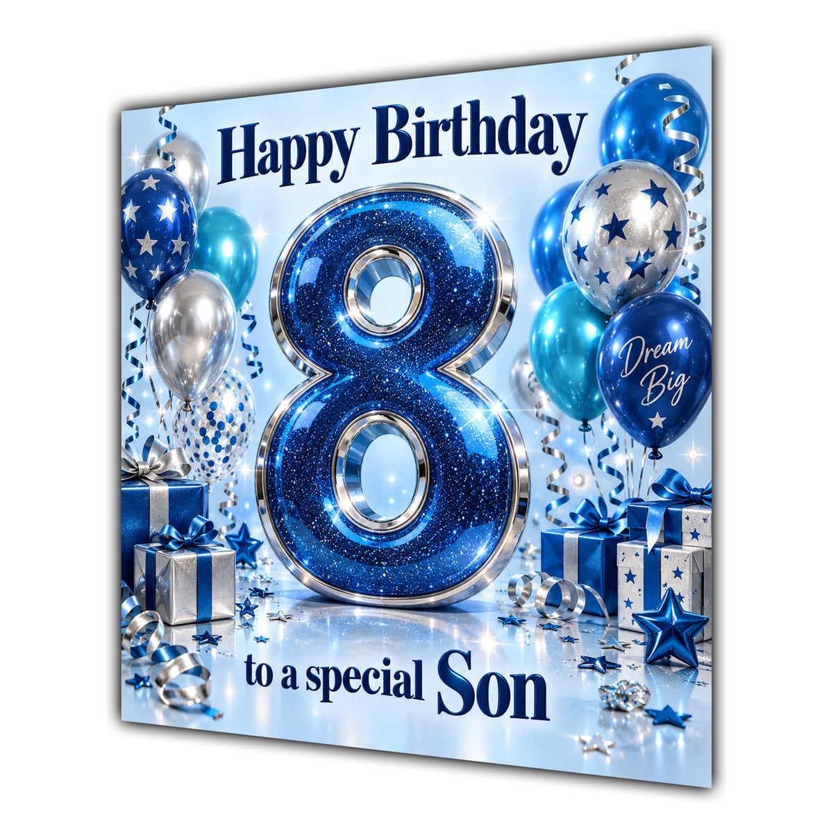 Son 8th Birthday Card Blue Silver Balloons Stars