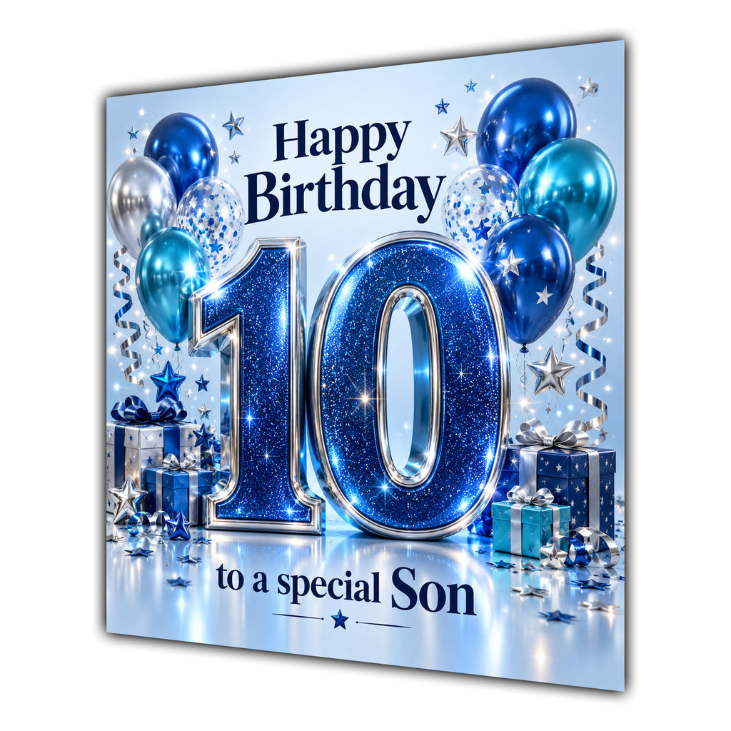 Son 10th Birthday Card Blue Silver Balloons Stars