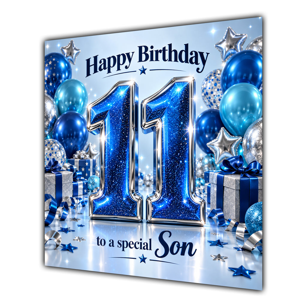 Son 11th Birthday Card Blue Silver Balloons Stars