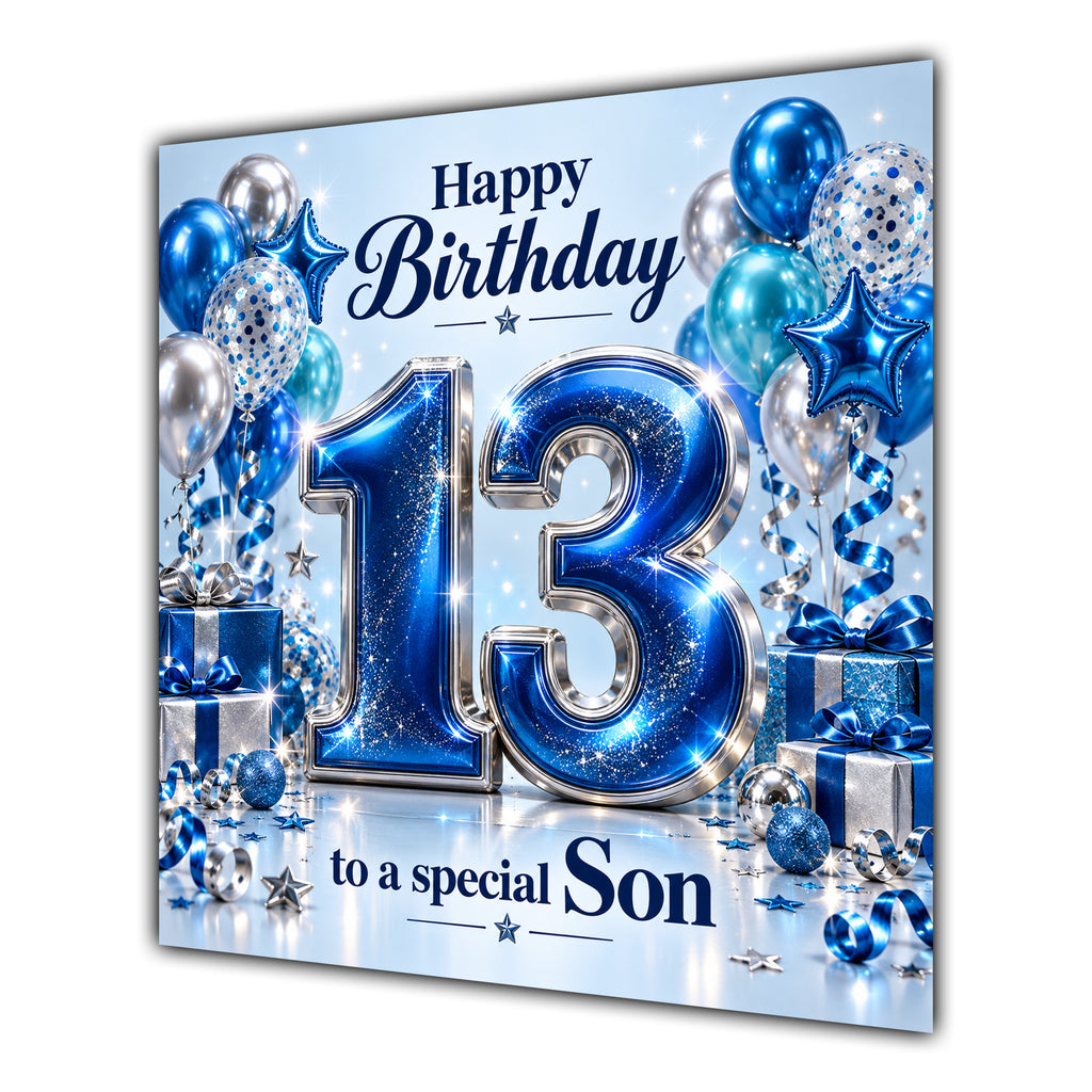 Son 13th Birthday Card Blue Silver Balloons Stars