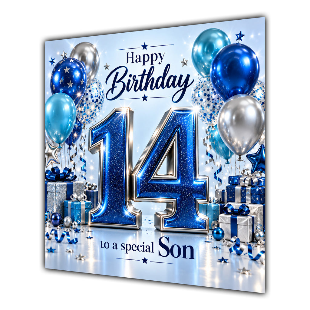 Son 14th Birthday Card Blue Silver Balloons Stars
