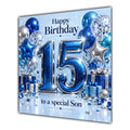 Son 15th Birthday Card Blue Silver Balloons Stars