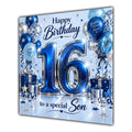 Son 16th Birthday Card Blue Silver Balloons Stars