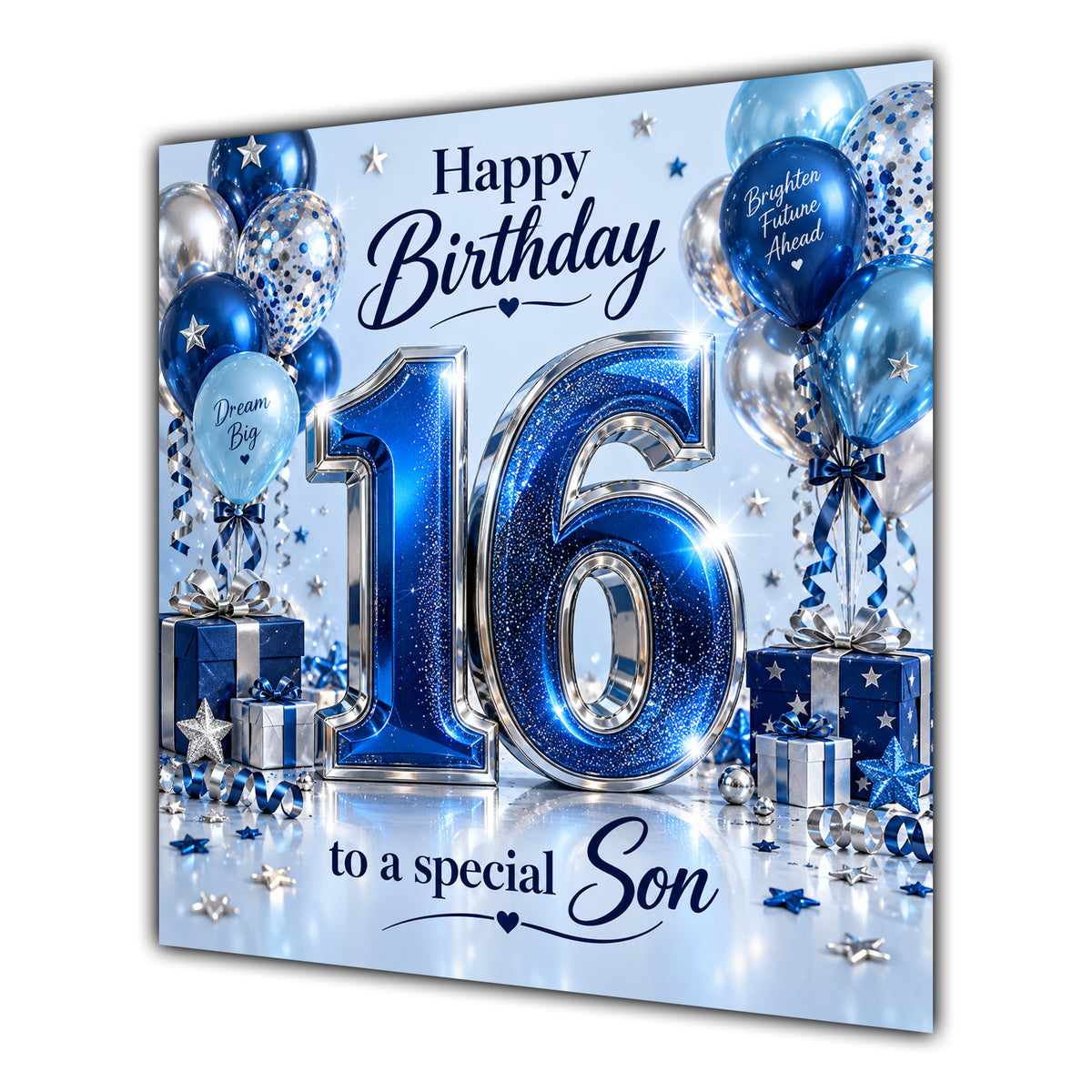 Son 16th Birthday Card Blue Silver Balloons Stars