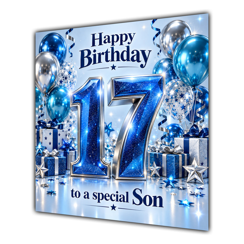 Son 17th Birthday Card Blue Silver Balloons Stars