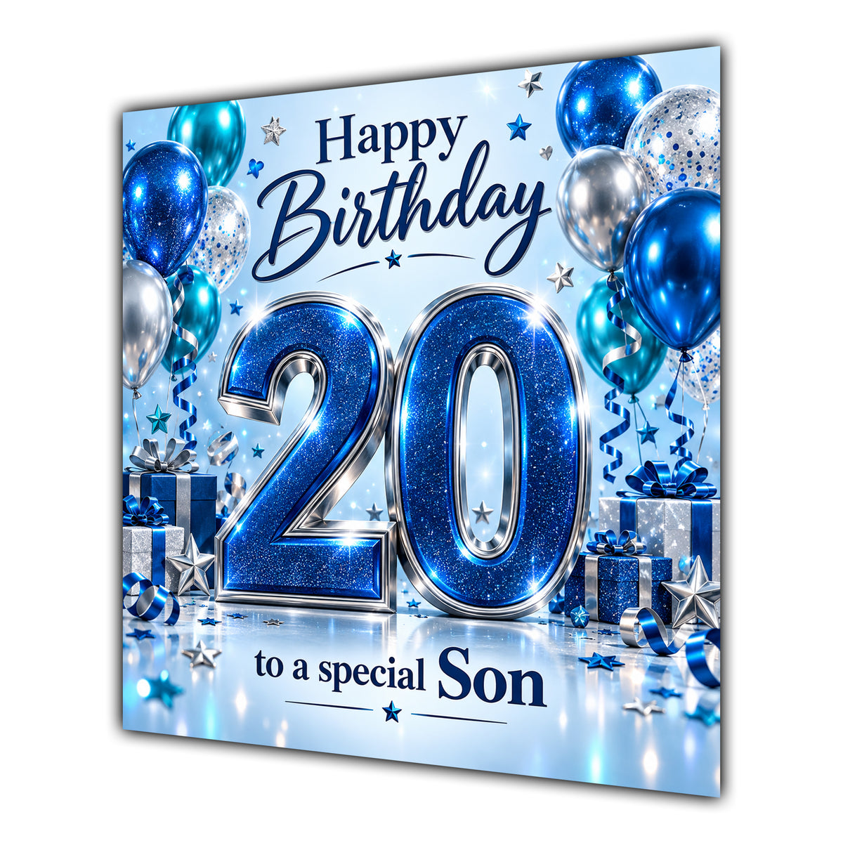 Son 20th Birthday Card Blue Silver Balloons Stars