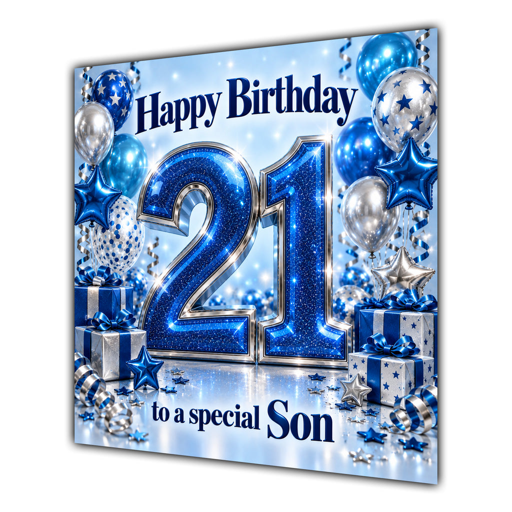 Son 21st Birthday Card Blue Silver Balloons Stars