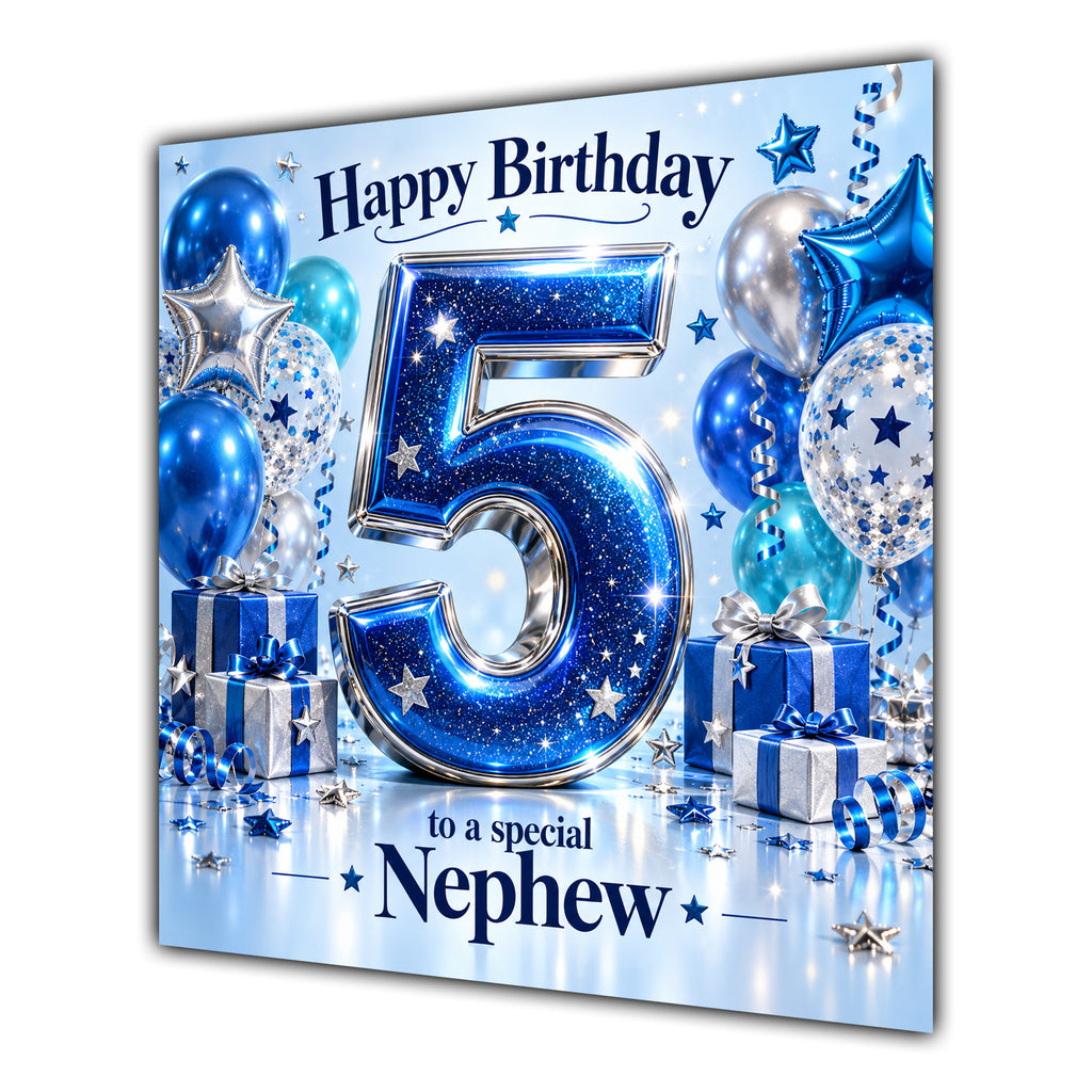 Nephew 5th Birthday Card Blue Silver Balloons Stars