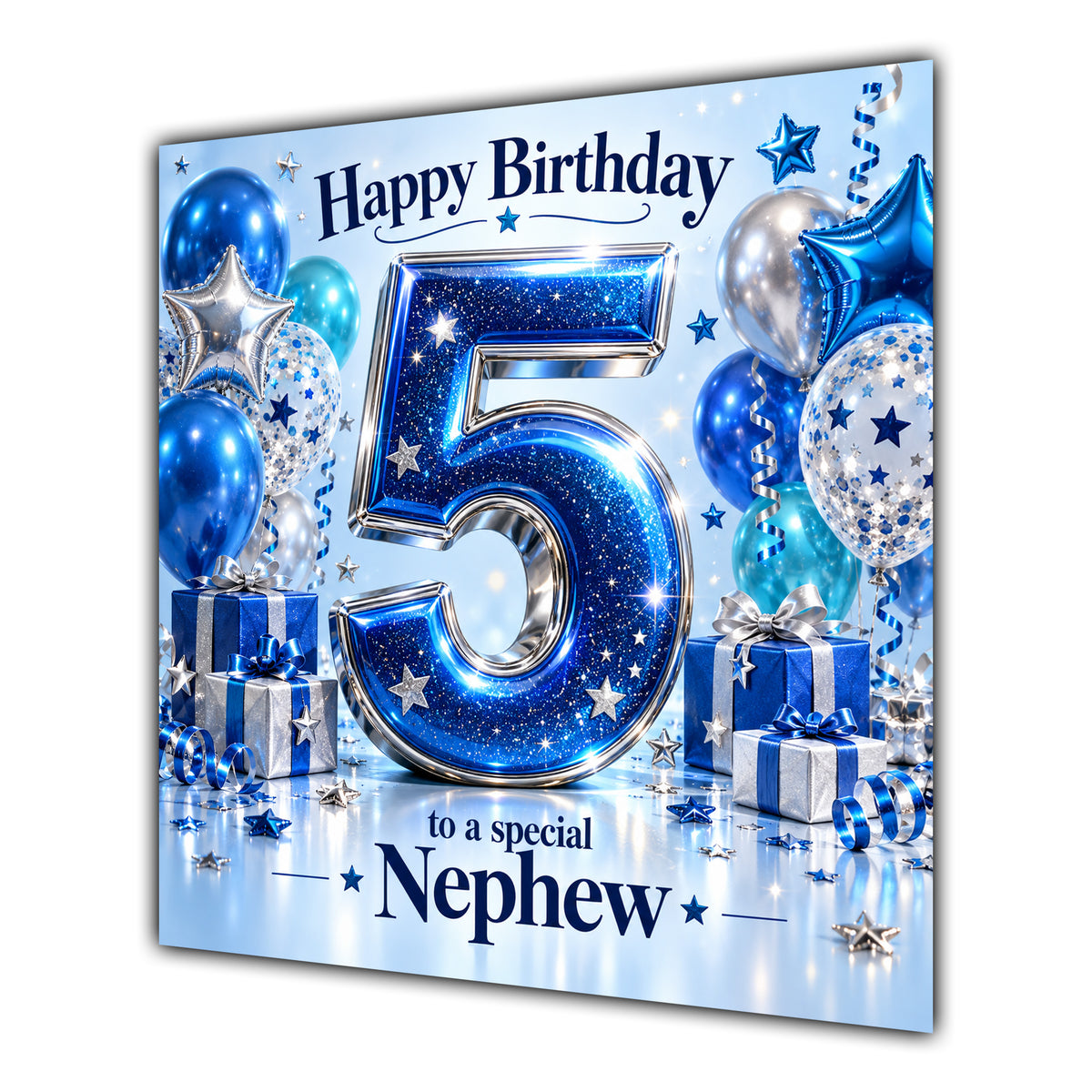 Nephew 5th Birthday Card Blue Silver Balloons Stars