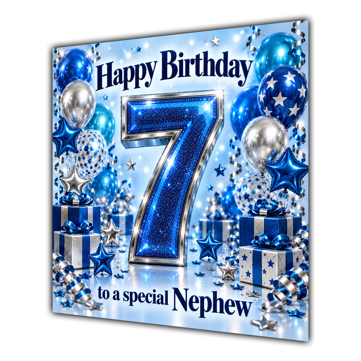 Nephew 7th Birthday Card Blue Silver Balloons Stars