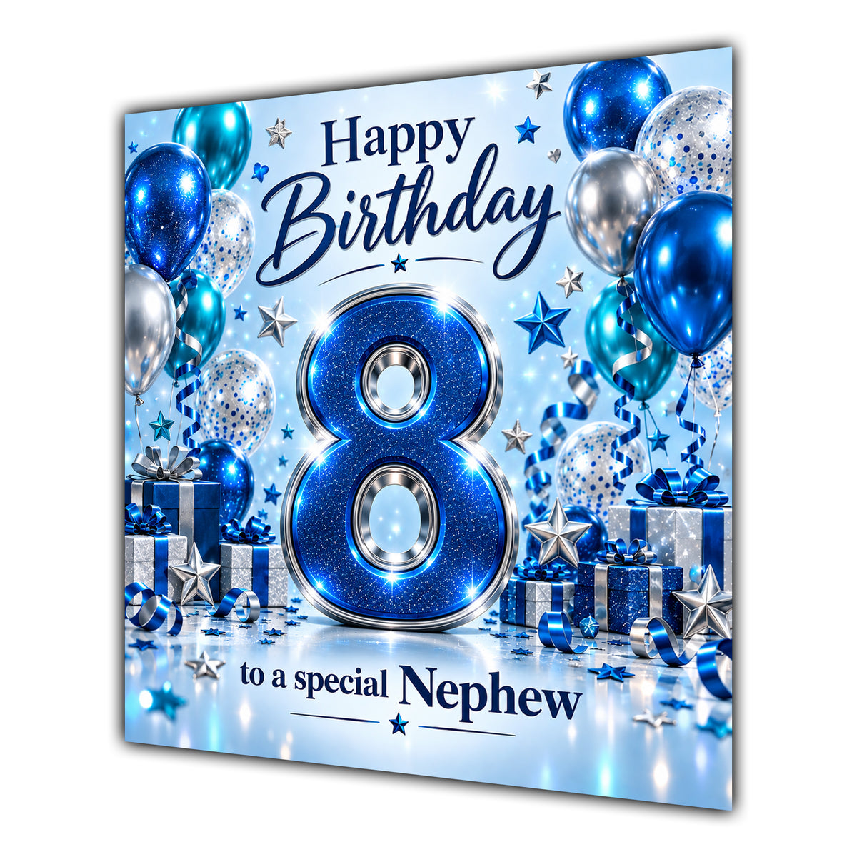 Nephew 8th Birthday Card Blue Silver Balloons Stars