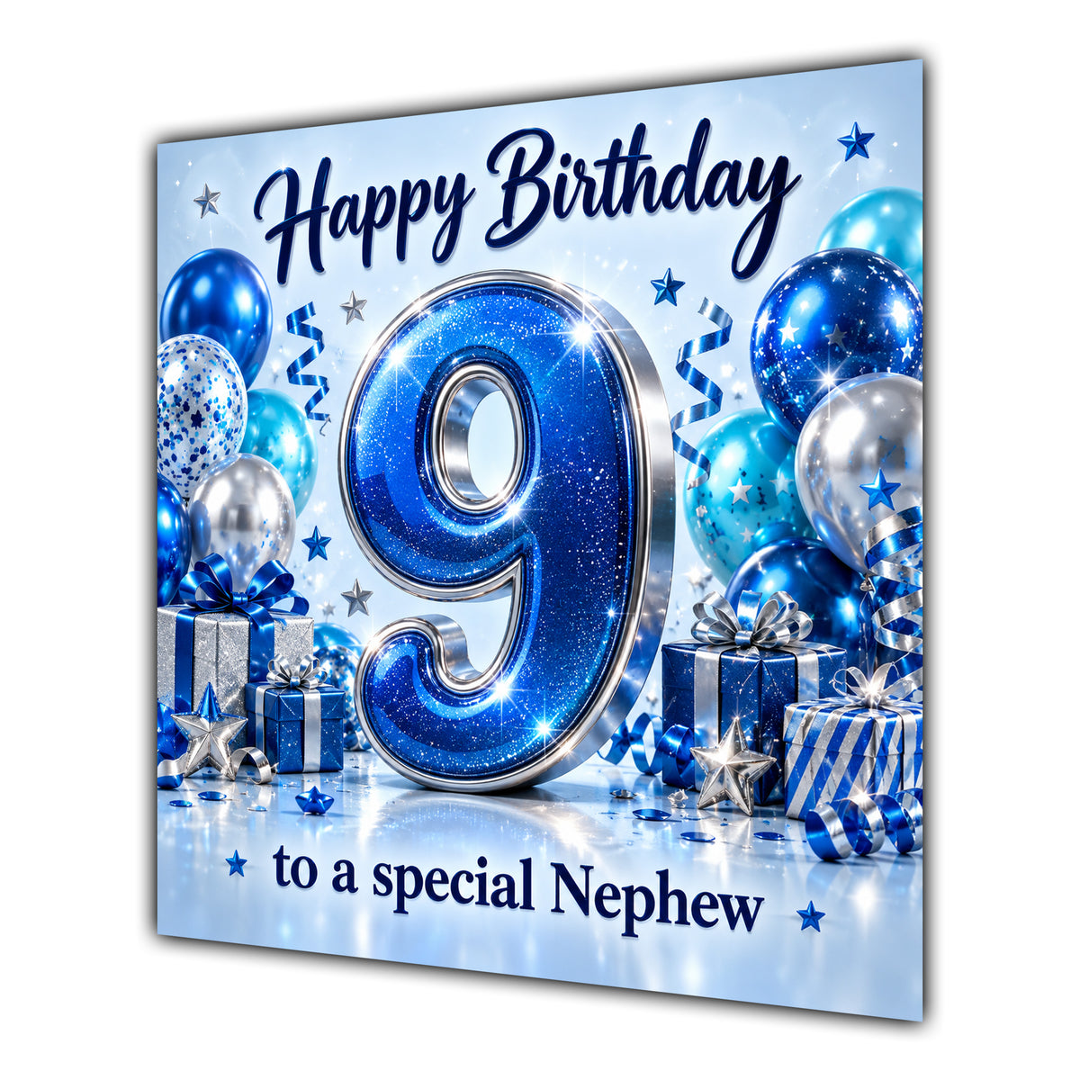 Nephew 9th Birthday Card Blue Silver Balloons Stars