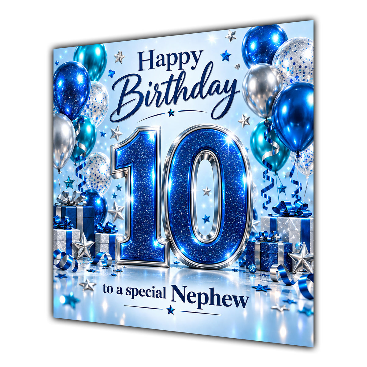 Nephew 10th Birthday Card Blue Silver Balloons Stars