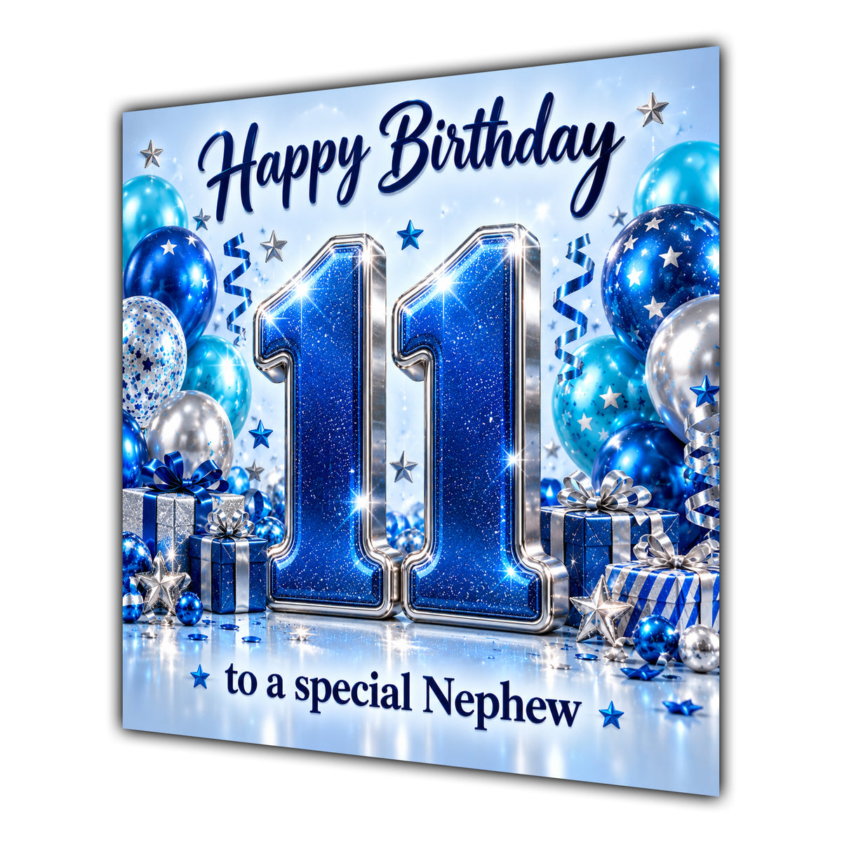 Nephew 11th Birthday Card Blue Silver Balloons Stars