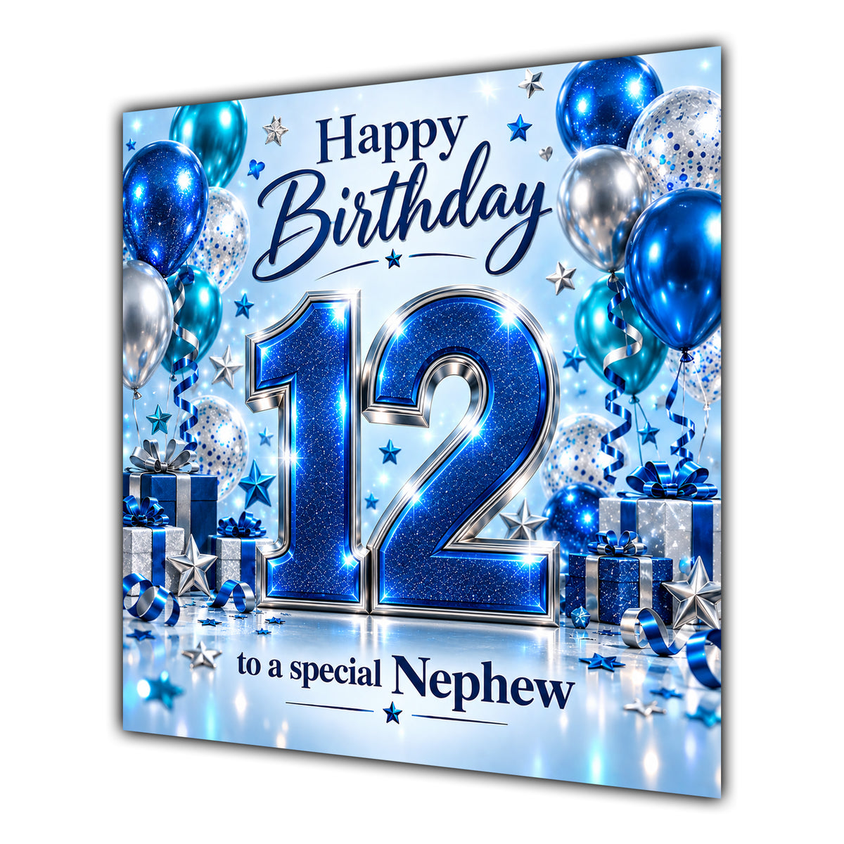 Nephew 12th Birthday Card Blue Silver Balloons Stars