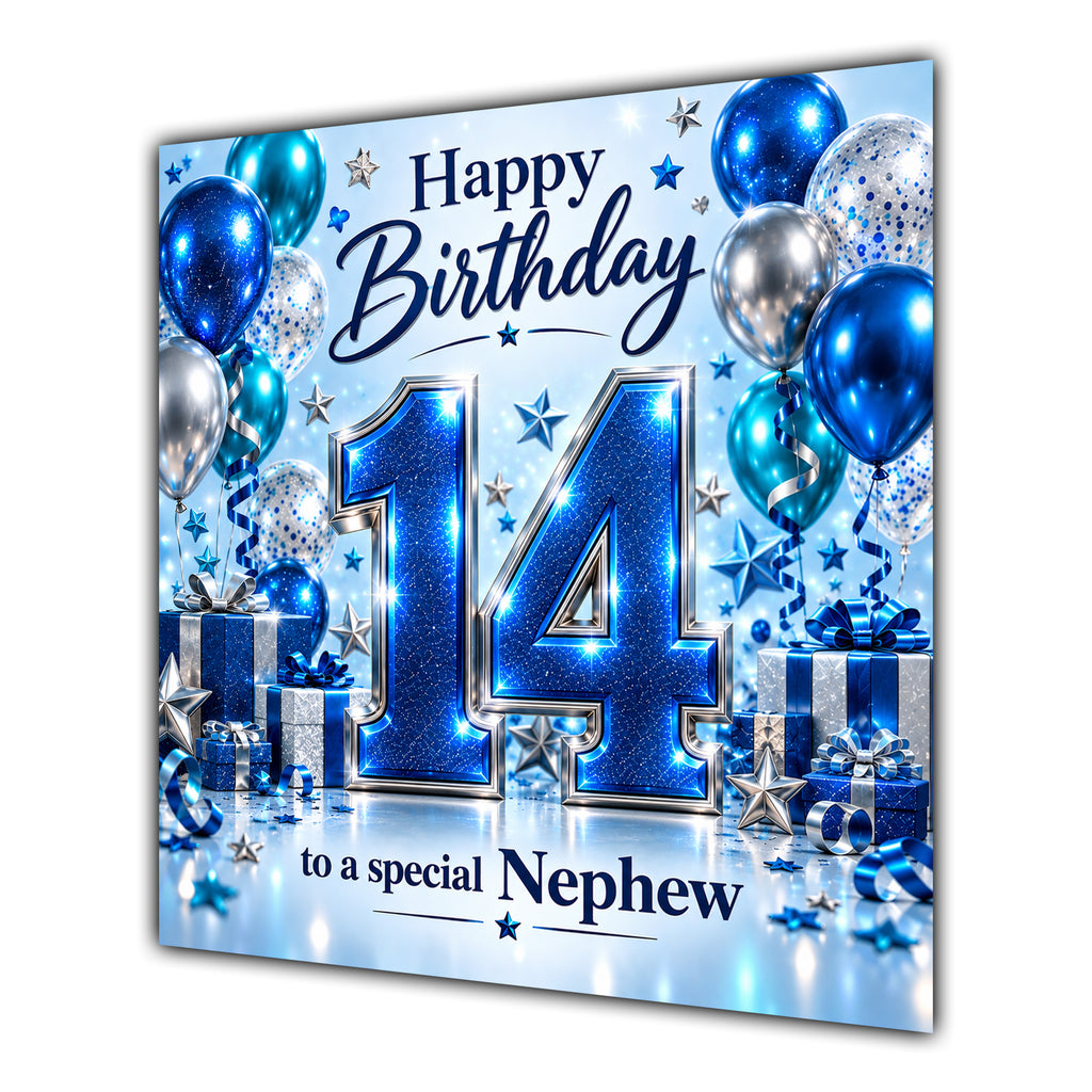 Nephew 14th Birthday Card Blue Silver Balloons Stars