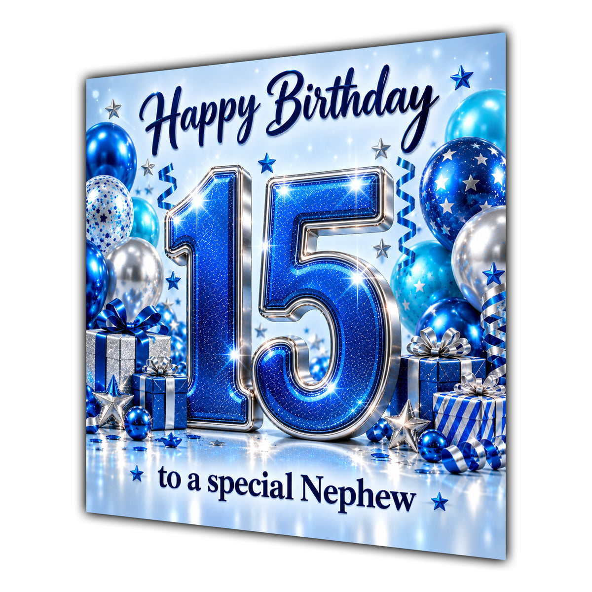 Nephew 15th Birthday Card Blue Silver Balloons Stars