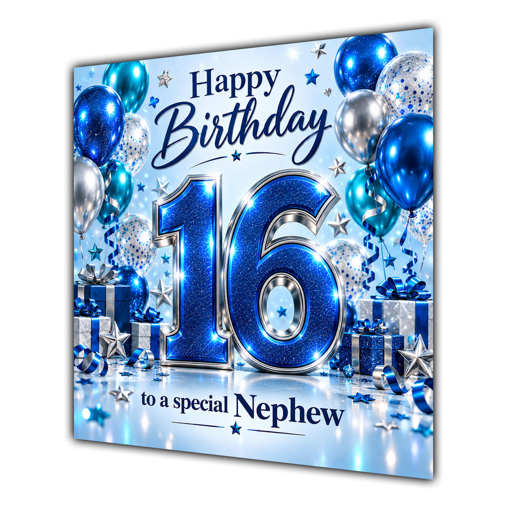 Nephew 16th Birthday Card Blue Silver Balloons Stars
