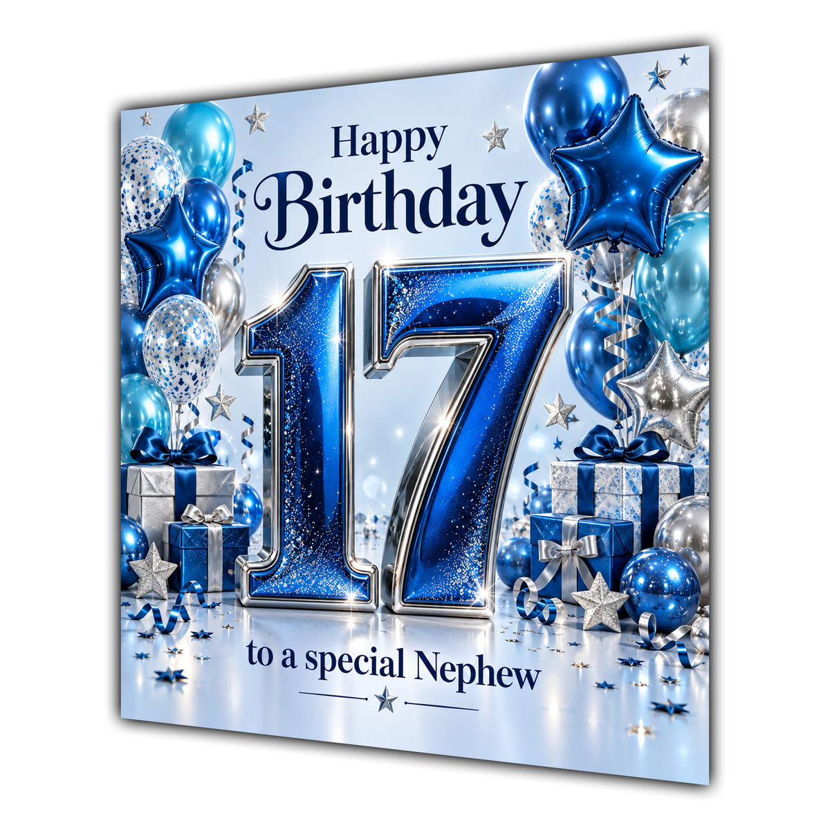 Nephew 17th Birthday Card Blue Silver Balloons Stars