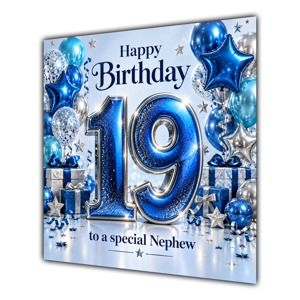 Nephew 19th Birthday Card Blue Silver Balloons Stars