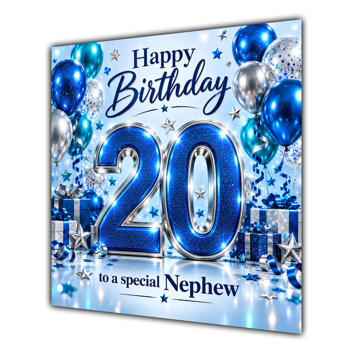 Nephew 20th Birthday Card Blue Silver Balloons Stars
