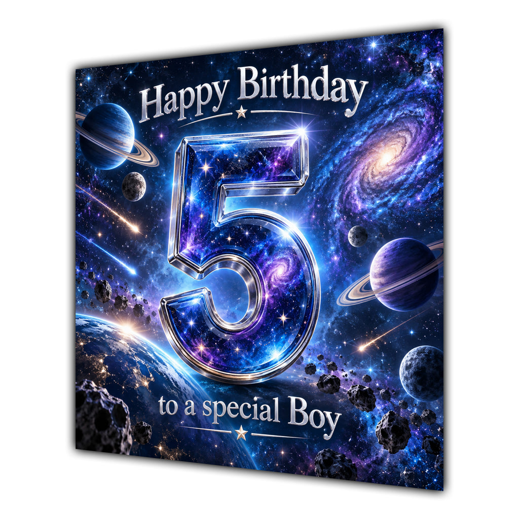 Boy 5th Birthday Card Space Galaxy Planets Stars