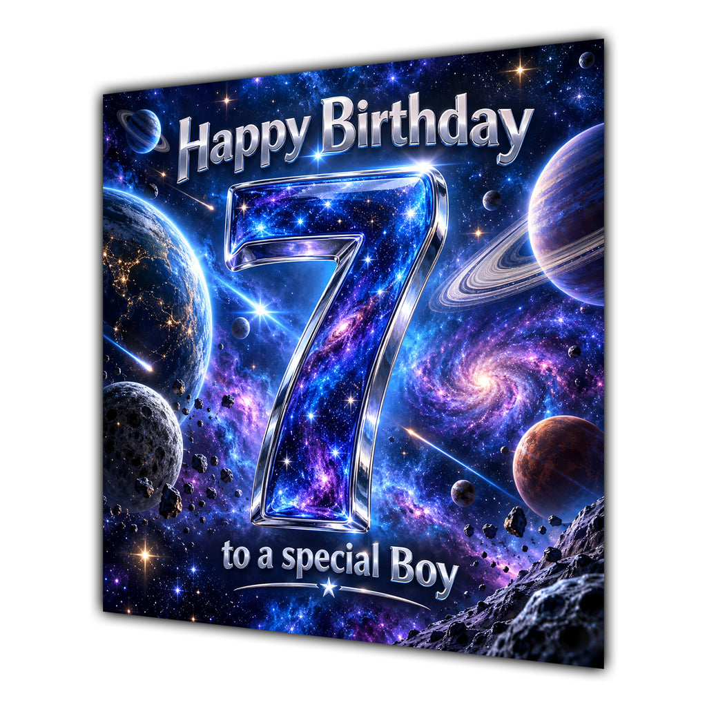 Boy 7th Birthday Card Space Galaxy Planets Stars