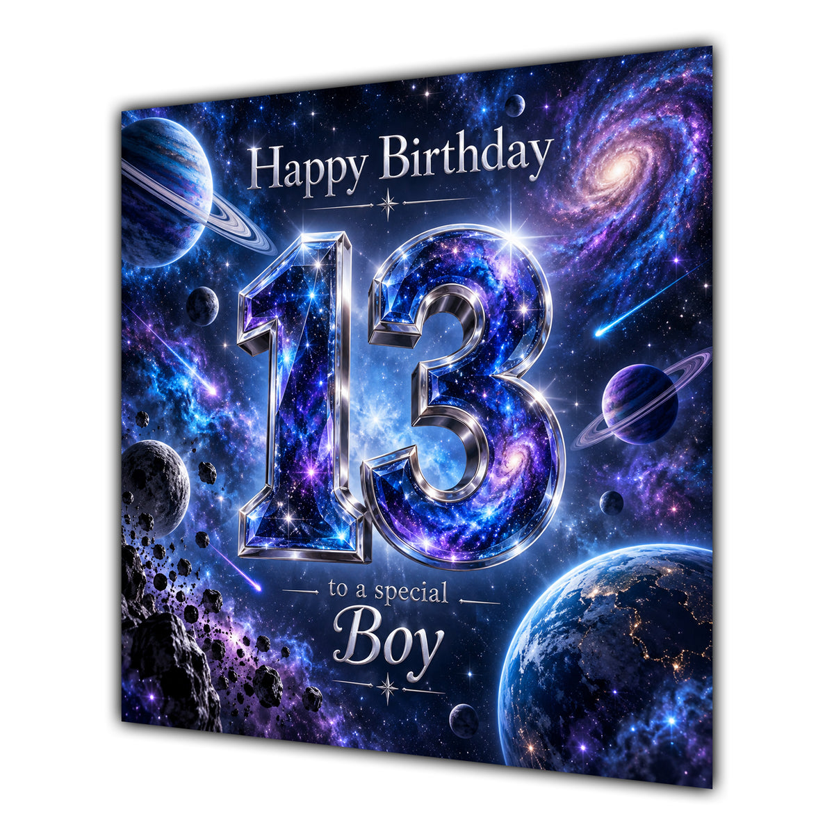 Boy 13th Birthday Card Space Galaxy Planets Stars