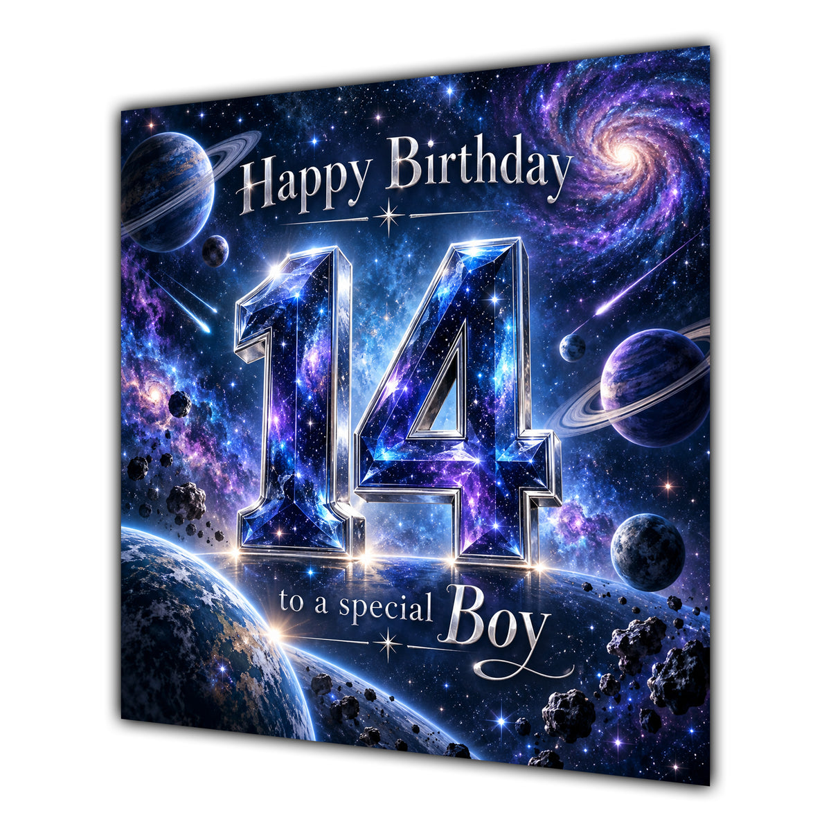 Boy 14th Birthday Card Space Galaxy Planets Stars