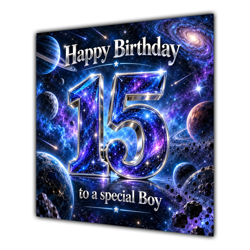 Boy 15th Birthday Card Space Galaxy Planets Stars