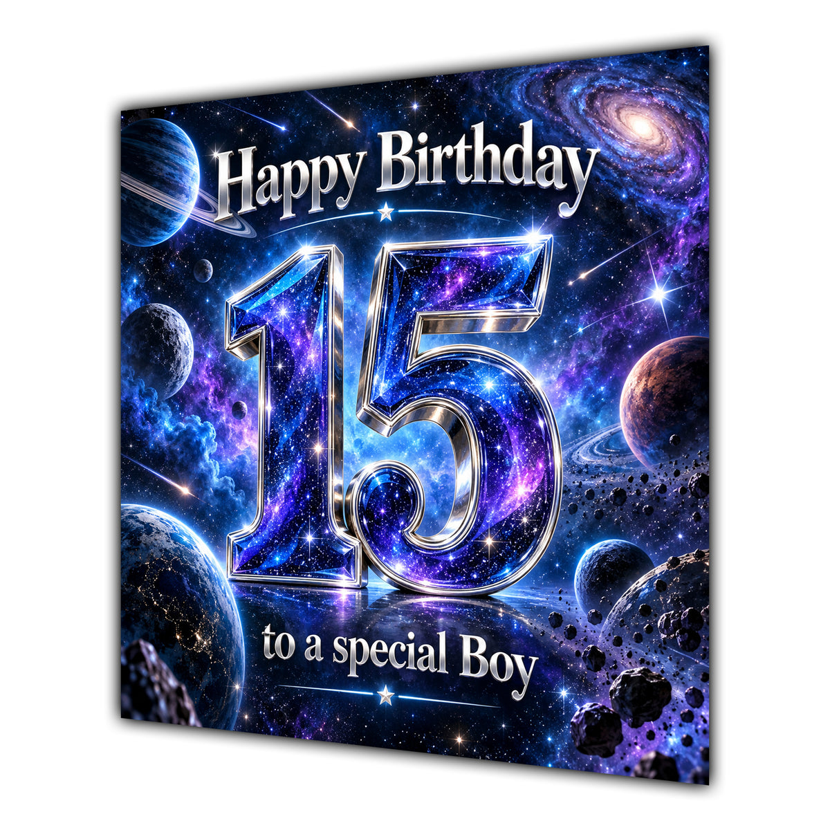 Boy 15th Birthday Card Space Galaxy Planets Stars