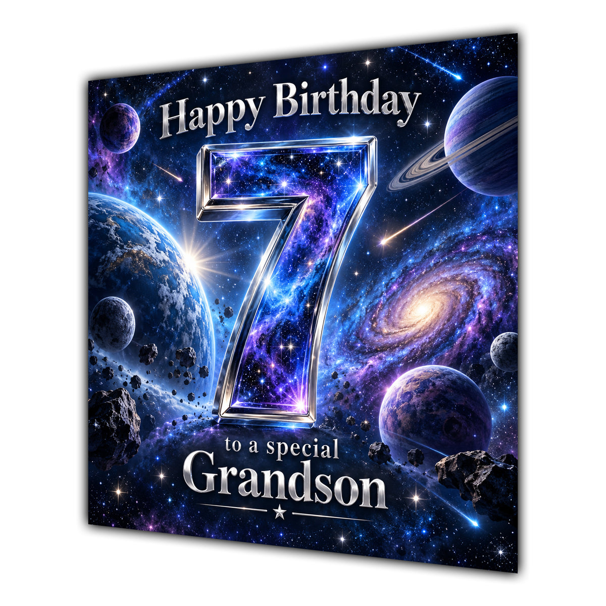Grandson 7th Birthday Card Space Galaxy Planets Stars