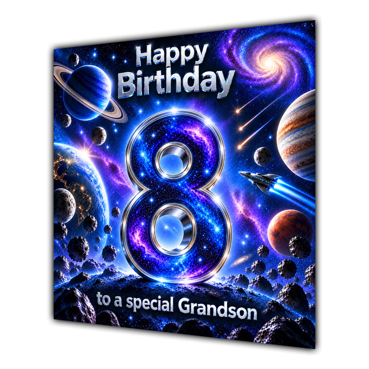 Grandson 8th Birthday Card Space Galaxy Planets Stars