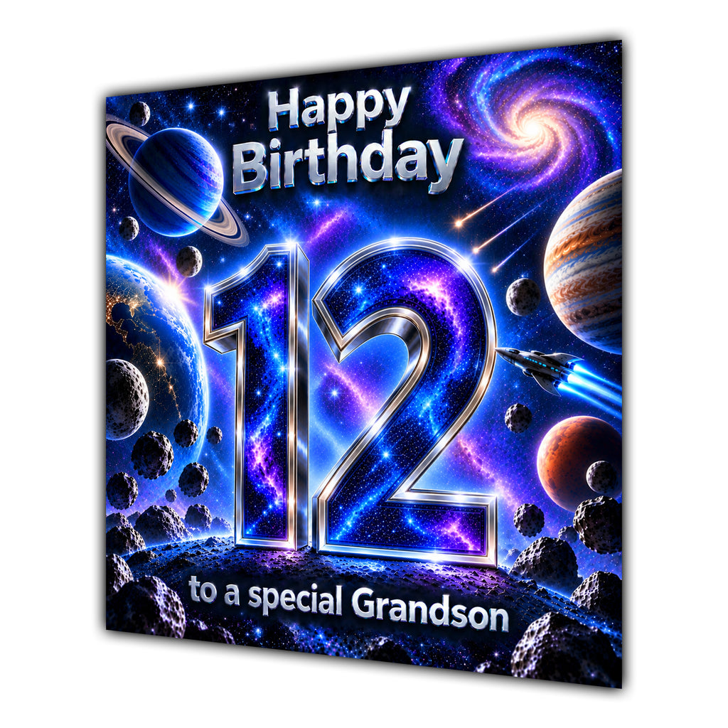 Grandson 12th Birthday Card Space Galaxy Planets Stars