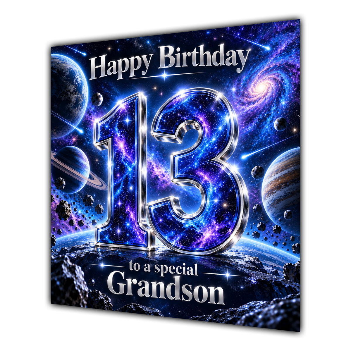 Grandson 13th Birthday Card Space Galaxy Planets Stars
