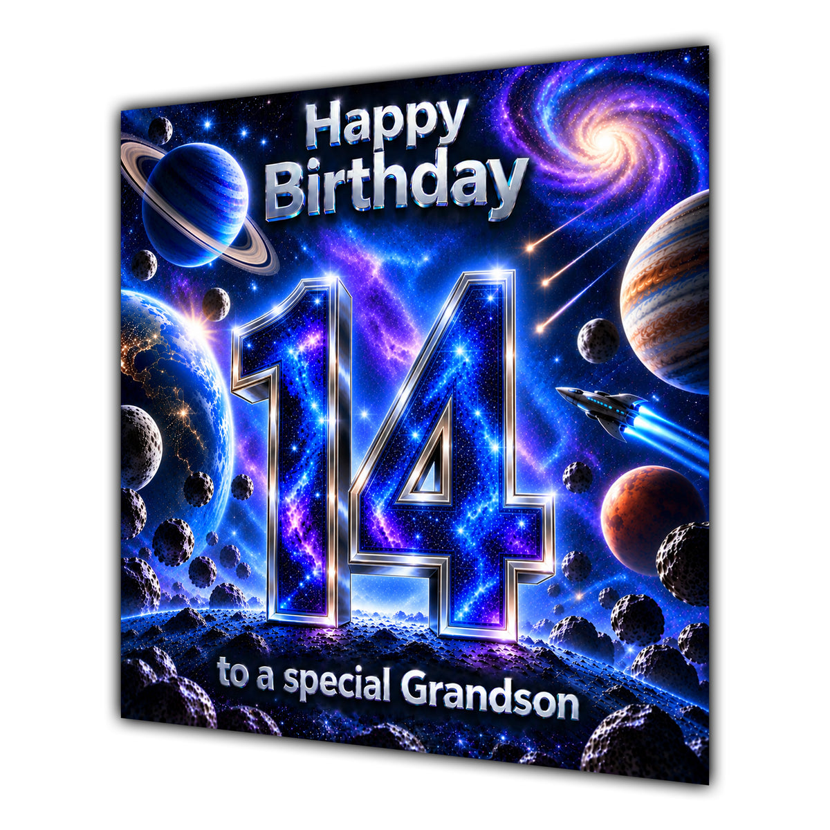Grandson 14th Birthday Card Space Galaxy Planets Stars