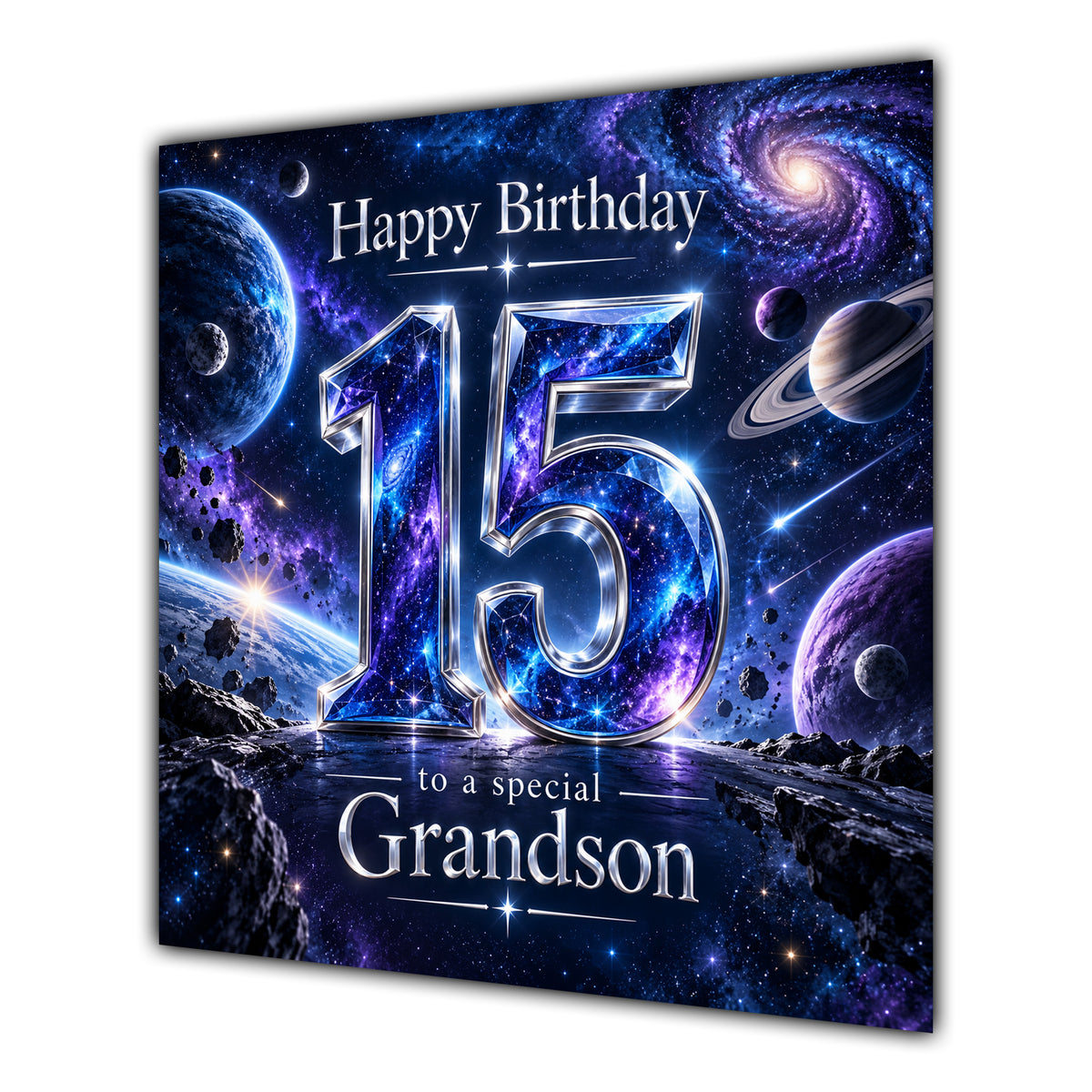 Grandson 15th Birthday Card Space Galaxy Planets Stars