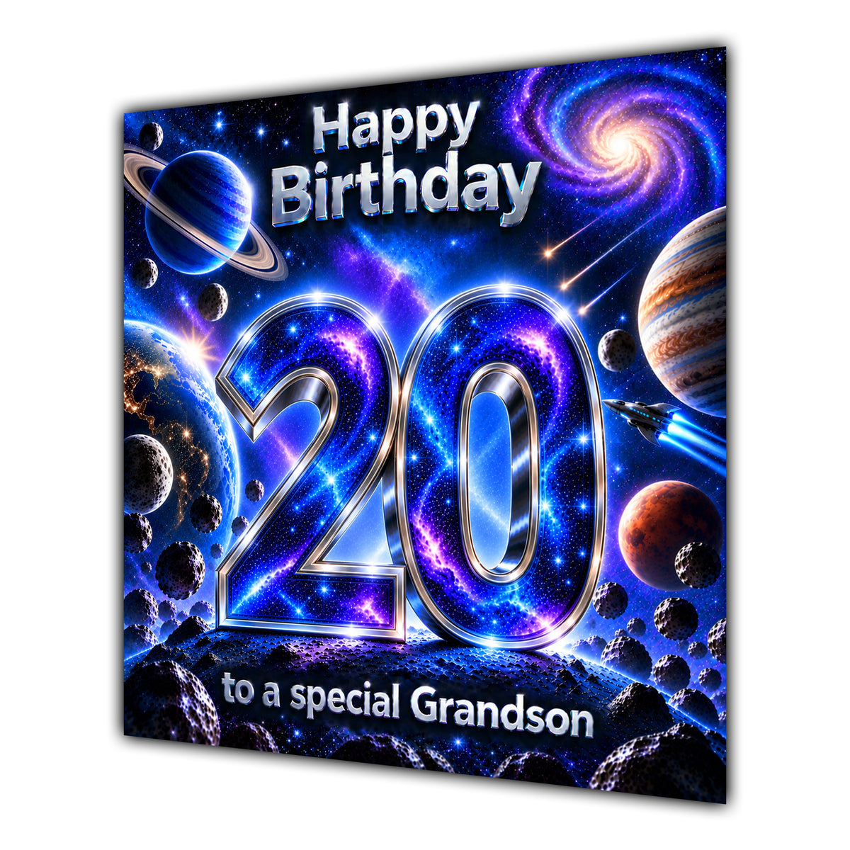 Grandson 20th Birthday Card Space Galaxy Planets Stars