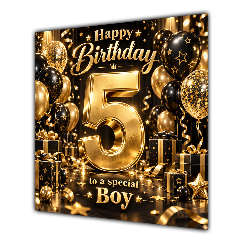 Boy 5th Birthday Card Gold Black Balloons Stars
