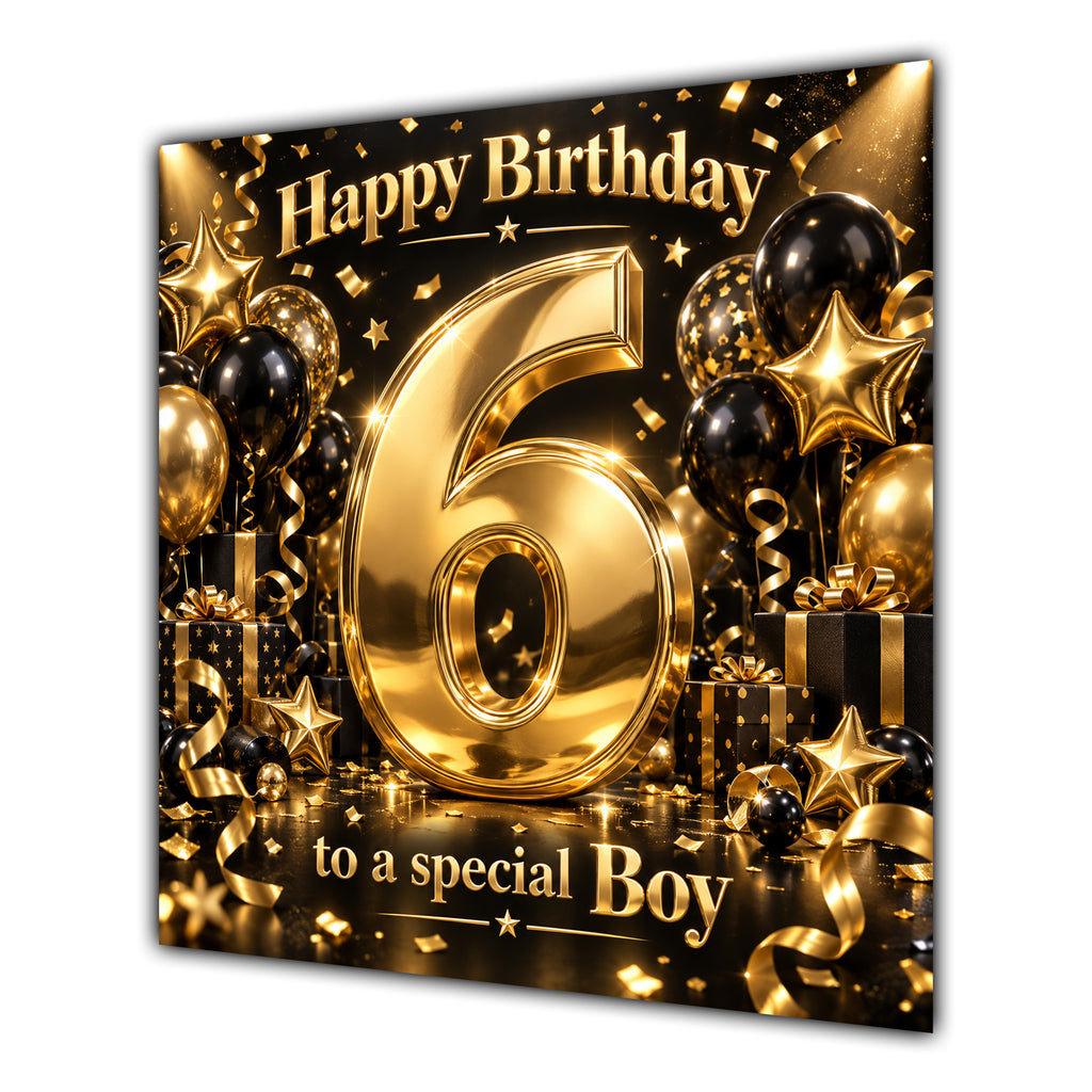 Boy 6th Birthday Card Gold Black Balloons Stars