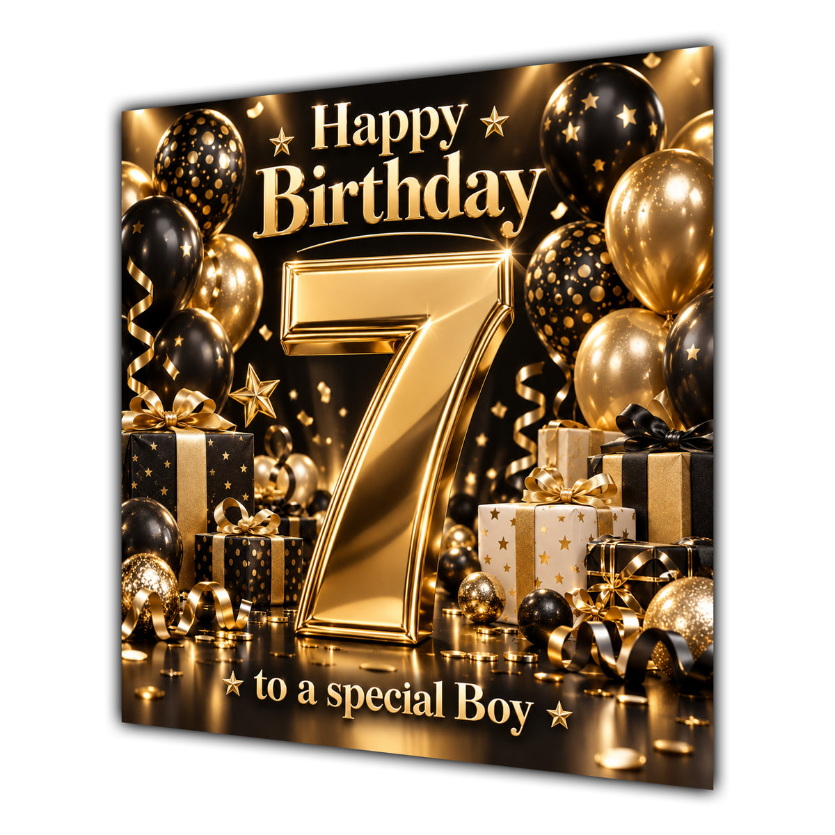 Boy 7th Birthday Card Gold Black Balloons Stars