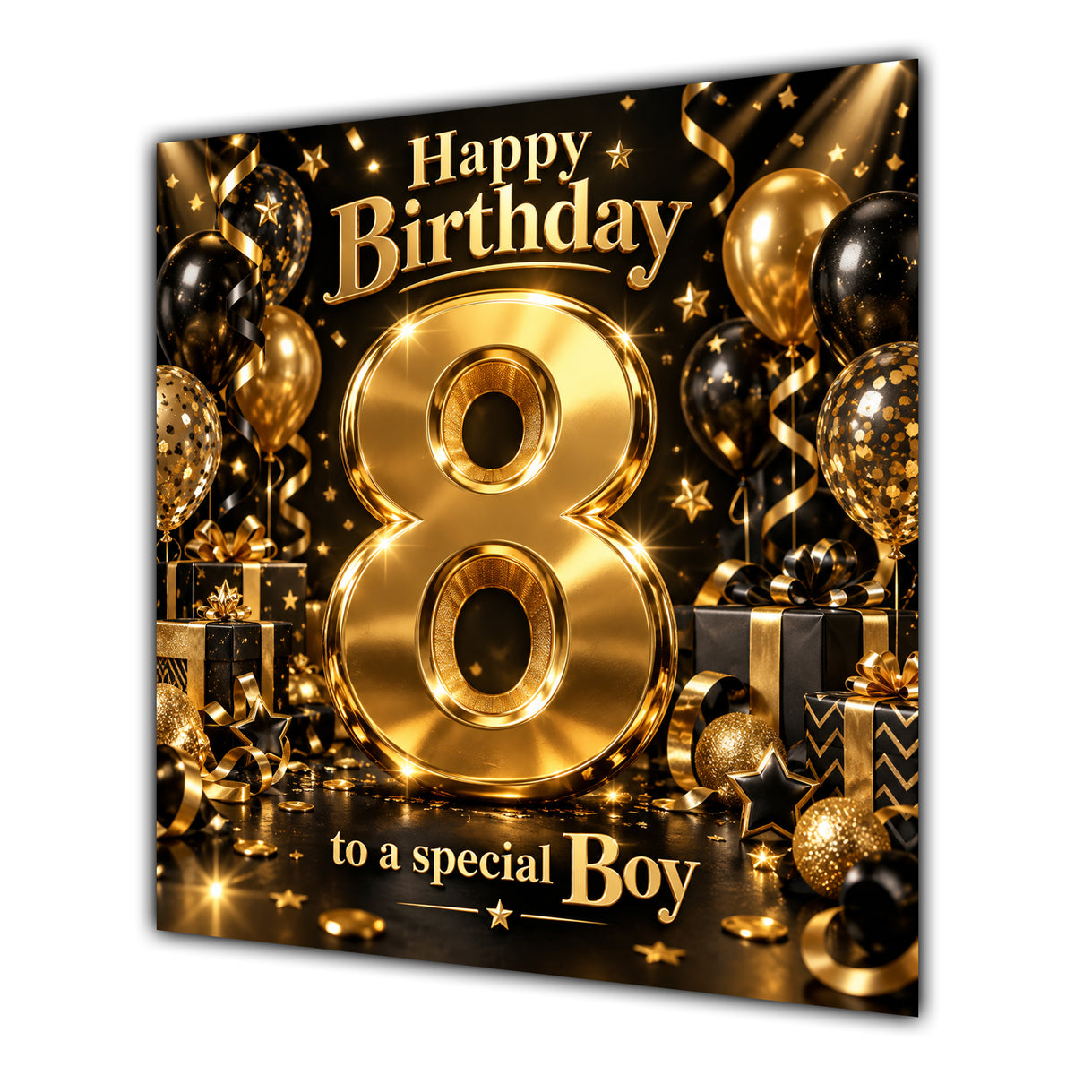 Boy 8th Birthday Card Gold Black Balloons Stars