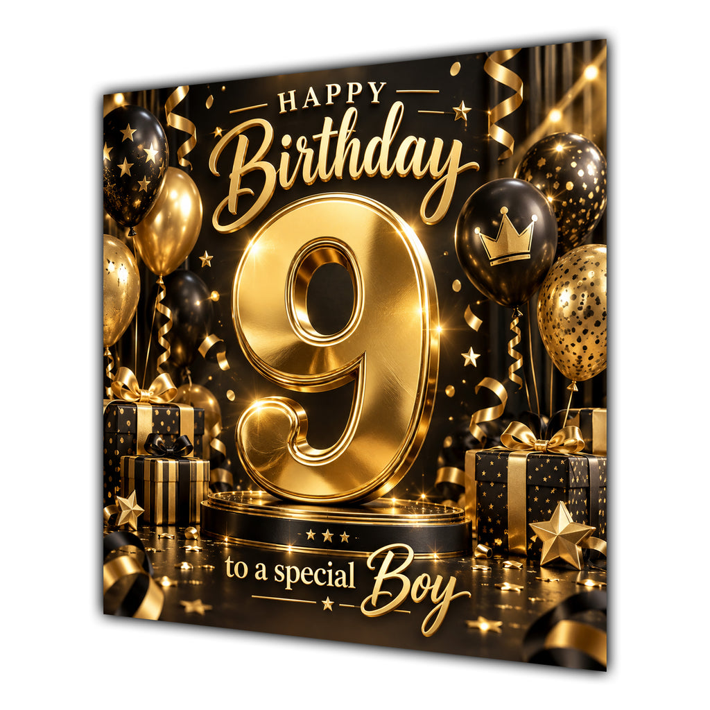 Boy 9th Birthday Card Gold Black Balloons Stars