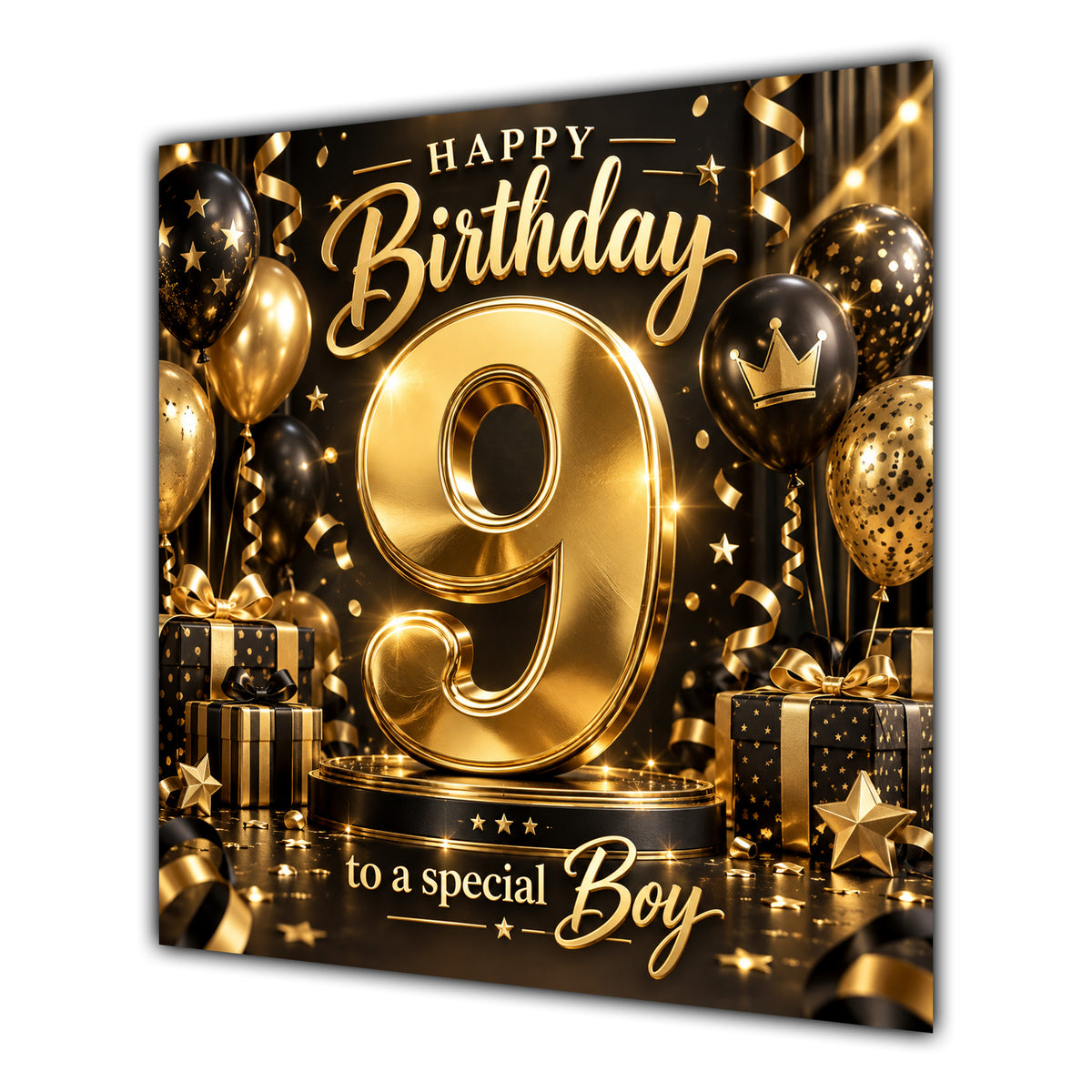 Boy 9th Birthday Card Gold Black Balloons Stars