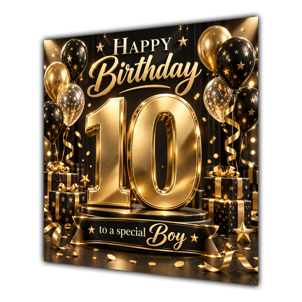 Boy 10th Birthday Card Gold Black Balloons Stars