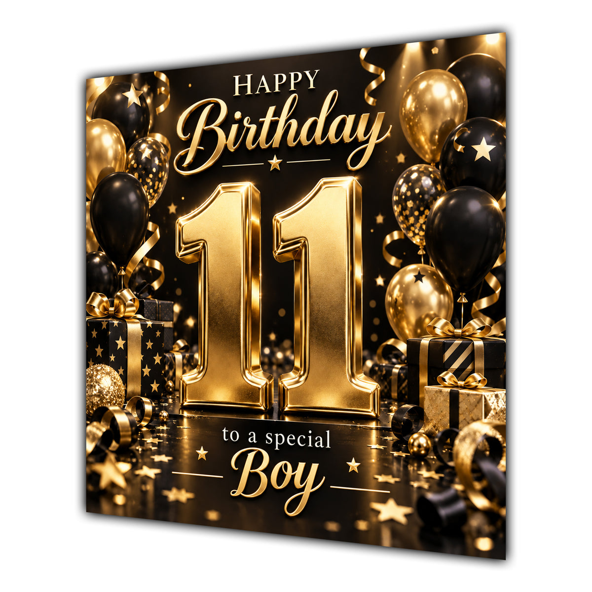 Boy 11th Birthday Card Gold Black Balloons Stars