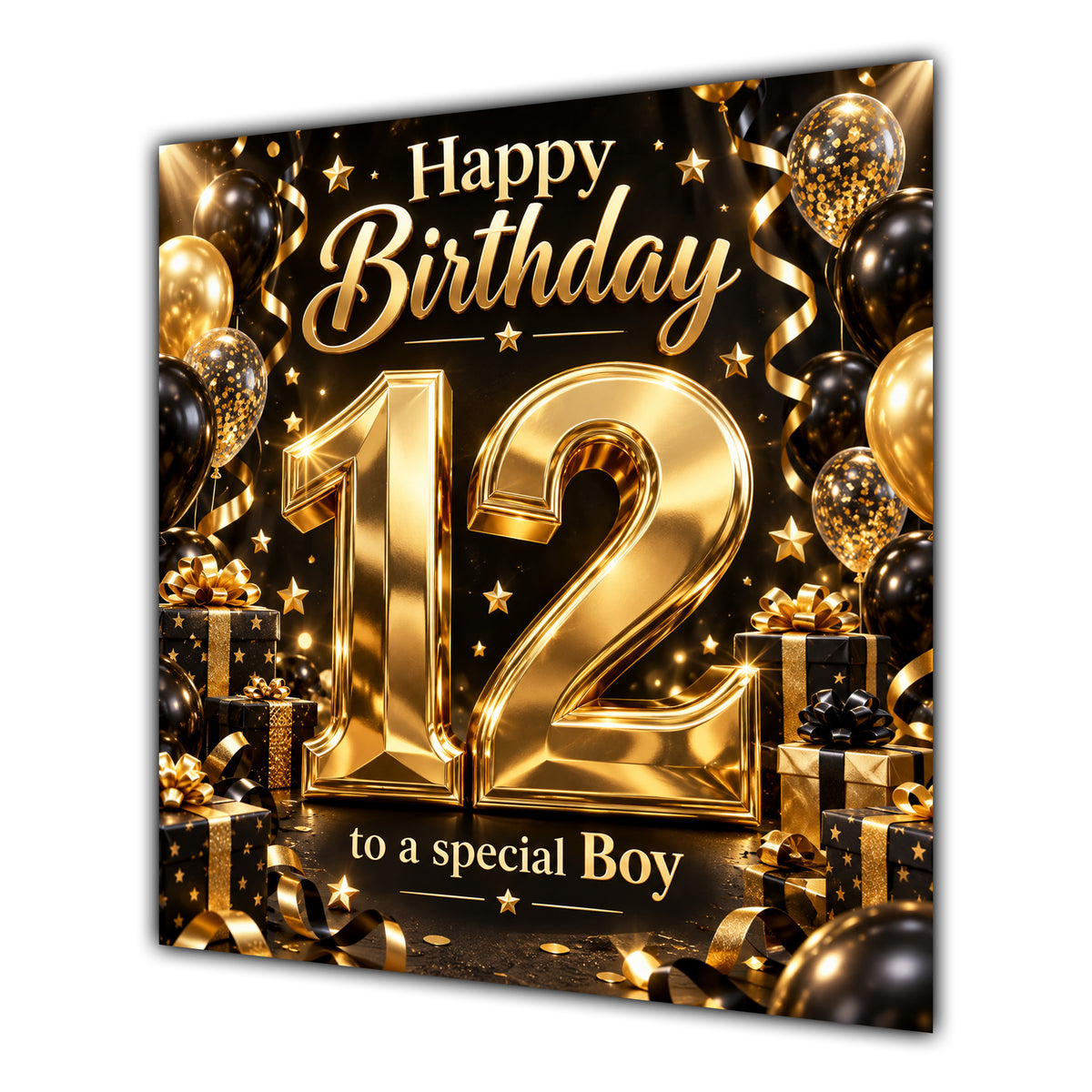 Boy 12th Birthday Card Gold Black Balloons Stars