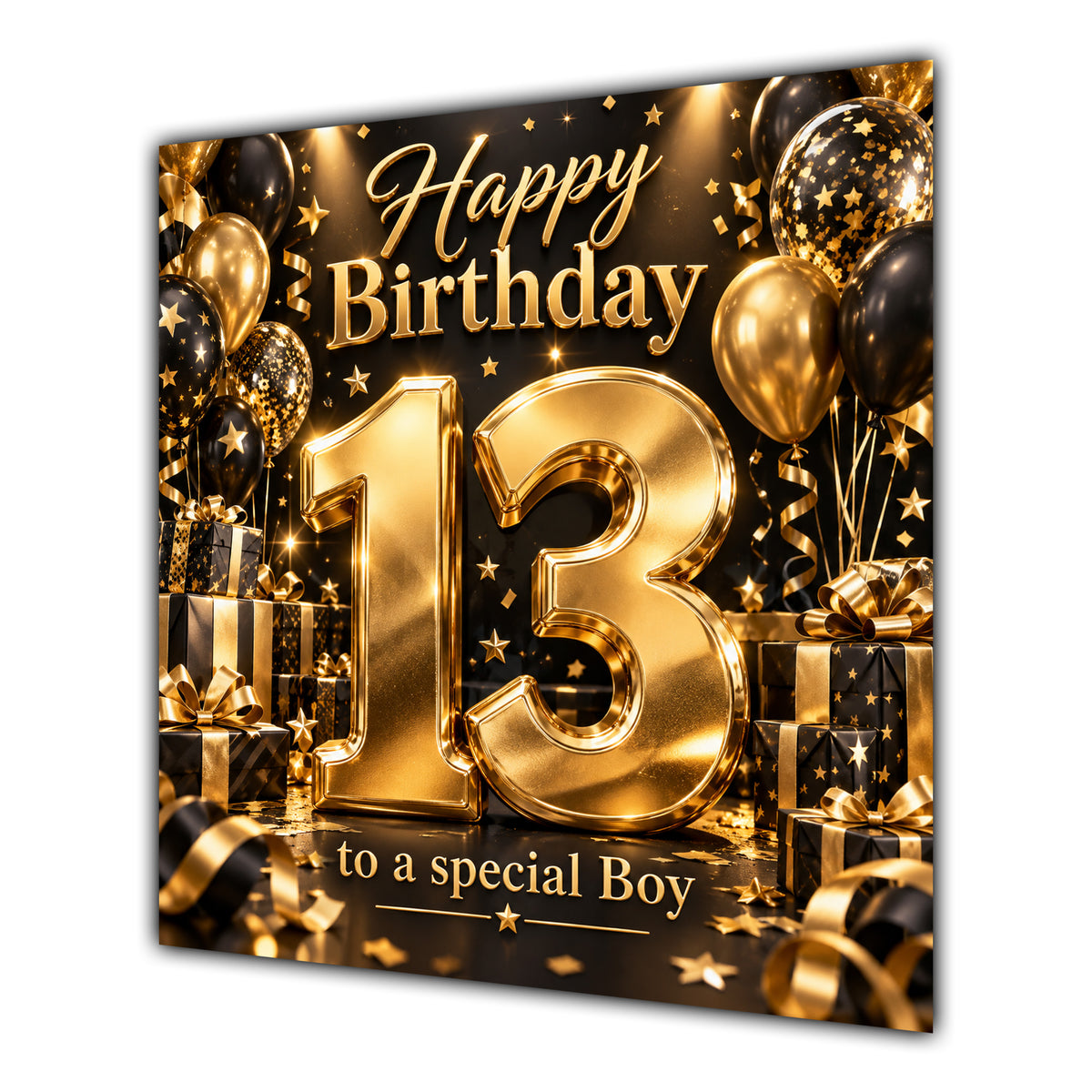 Boy 13th Birthday Card Gold Black Balloons Stars